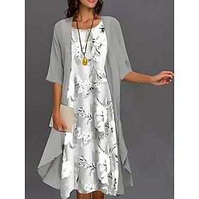Women's Graduation Dress Midi Dress Chiffon Dress Shift Dress Elegant Vacation Flowy Formal Wedding Wedding Guest Loose Fit Floral Half Sleeve Crew Neck Gray S