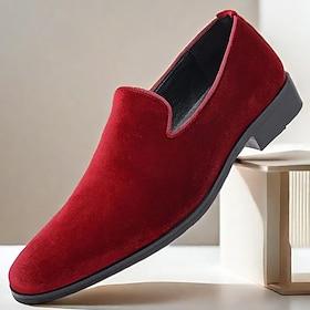 Men's Red Velvet Slip-On Dress Shoes, Elegant Formal Footwear for Weddings, Parties and Special Occasions