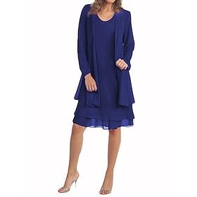 Women's Knee Length Dress Casual Dress Dress Set Chiffon Dress Elegant Casual Daily Weekend Loose Fit Plain Long Sleeve Crew Neck Light Pink Black Wine Navy Bl