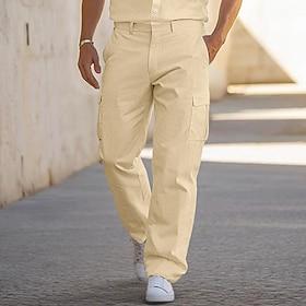 Men's Cargo Pants Linen Pants Trousers Summer Pants Multi Pocket Straight Leg Plain Comfort Breathable Full Length Outdoor Casual Daily Fashion Streetwear Blac
