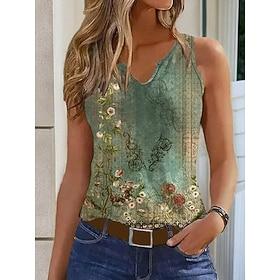Women's Camisole Tank Top Floral Ethnic Casual Sleeveless U Neck Regular Tops Daily Print Green Summer