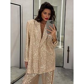 Tuxedo Two Piece Pantsuits Blazer Evening Gown Elegant Dress Formal Wedding Floor Length Long Sleeve Shirt Collar Sequined with Bow(s) Slit 2025