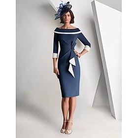 Sheath Column Tea Length Party Dress Cocktail Dress Wedding Guest Dress Mother of the Bride Dress 3/4 Length Sleeve Off Shoulder Elegant Vintage Simple Formal