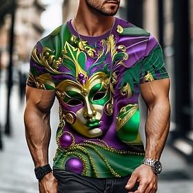 Mardi Gras Men's Mask T Shirt Short Sleeve T shirt 3D Print Crew Neck Shirt Designer Casual Party Holiday Club Purple Summer Spring Clothing Apparel S M L XL X
