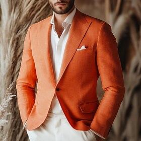 Men's Linen Blazer Sport Coat Notch Collar Fashion Casual Solid Colored Yellow Orange Beige Standard Fit Single Breasted One-button