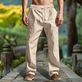 Men's Linen Pants Trousers Summer Pants Beach Pants Drawstring Elastic Waist Straight Leg Plain Comfort Breathable Full Length Outdoor Casual Daily Fashion Ret