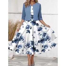 Women's Two Piece Dress Sets Midi Dress with Jacket Elegant A Line Dress Half Sleeve Casual Floral Print Crew Neck Date Pink Blue Purple Regular Fit