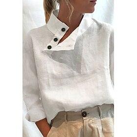 Women's Shirt Cotton Blend Blouse Buttons Plain Basic Modern Casual Long Sleeve High Neck Regular Tops Daily Going out White Summer