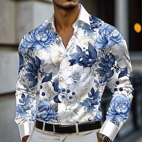 Easter Men's Floral Print Lily Flowers Satin Shirt Dress Shirt Button Up Shirt Long Sleeve Fashion Casual Vacation Holiday Summer Spring Fall Turndown Collared
