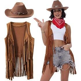 Western Outfits for Women Cowgirl Tassel Sleeveless Vest Cowboy Hat and Paisley Bandana