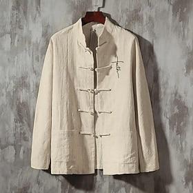 Men's Linen Shirt Casual Shirt Button Up Shirt Plain Vacation Street Black White Dark Navy Beige Long Sleeve Grandad Collar Spring  Summer Clothing Apparel Poc