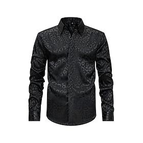 Men's Satin Shirt Dress Shirt Leopard Wedding Outdoor Black White Long Sleeve Collar Summer Spring Clothing Apparel