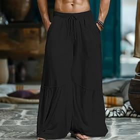 Men's Culottes Wide Leg Linen Pants Trousers Summer Pants Baggy Pants Patchwork Drawstring Elastic Waist Plain Comfort Breathable Outdoor Yoga Gym Fashion Retr