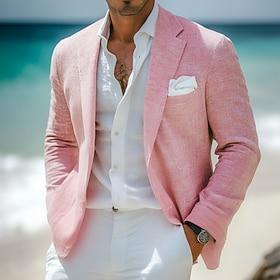 Men's Linen Blazer Sport Coat Notch Collar Fashion Casual Solid Colored Linen Blazer Pink Sky Blue Sage Standard Fit Single Breasted One-button