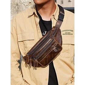 Men's Vintage Leather Sling Bag Fanny pack– Crossbody Chest Pack with Multiple Zipper Pockets, Adjustable Strap, Stylish Travel  Everyday Waist Bag Black Brown