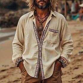 Men's Shirt Summer Shirt Beach Shirt Retro Shirts Vintage Shirt Untucked Shirts Solid Color Vacation Holiday Khaki Long Sleeve Clothing Apparel