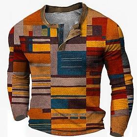Men's Graphic Color Block Waffle Henley Shirt Casual Style Classic Style Long Sleeve 3D Print Fashion Designer Basic Daily Outdoor Spring Fall Blue Yellow Re