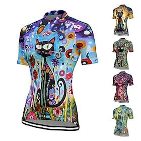 Women's Cycling Jersey Cat Flower Short Sleeve Bike Tee Tshirt Jersey with 3 Rear Pockets Mountain Bike MTB Quick Dry Anatomic Design Wicking Breathable Sports
