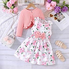 2 Pieces Kids Girls' Floral Tie Knot Dress Suits Set Long Sleeve Fashion School 4 years Summer Pink Red Blue