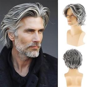 Mens Wig Short Grey Layered Synthetic Halloween Cosplay Costume Wig for Males