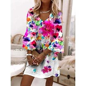 Women's Mini Dress Sundress A Line Dress Vacation Casual Boho Beach Regular Fit Ombre Floral Graphic 3/4 Length Sleeve V Neck Colourful Summer Spring