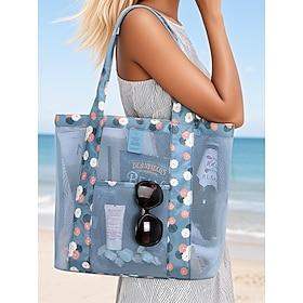 Women's Floral Mesh Beach Tote Bag β Large Waterproof Summer Shoulder Bag with Pockets, Lightweight and Breathable for Vacation, Pool and Travel Wine Green Dar