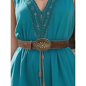 Women's Boho Floral Engraved Wide Leather Belt – Vintage Western Style with Antique Gold Flower Buckle, Adjustable Waistband for Dresses, Festivals and Daily W