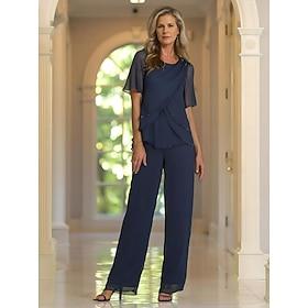 Two Piece Jumpsuit Pantsuit Floor Length Mother of the Bride Dress Short Sleeve Crew Neck Elegant Formal Wedding Guest Chiffon with Lace Embroidery Cascading R