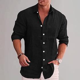 Men's Cotton Linen Shirt Plain Vacation Black White Wine Sky Blue Long Sleeve Lapel Clothing Apparel