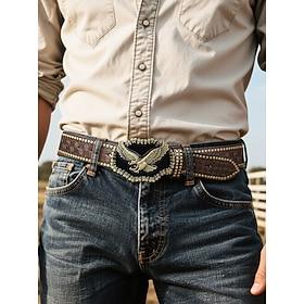 Men's Western Style Leather Belt with Eagle Buckle – Vintage Embossed Design with Rivets, Ideal for Casual and Country Wear