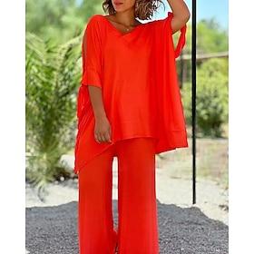 Women's Blouse Pants Sets Half Sleeve V Neck Solid Color Cut Out Active Fashion Holiday Casual Daily Blue Black Orange Summer Regular Fit
