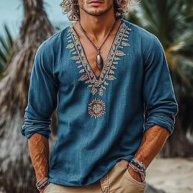 Men's Shirt Linen Shirt Viking Style Summer Shirt Beach Wear Pirate Shirt Solid Color Vacation Street Navy Blue Long Sleeve V Neck Summer Spring Clothing Appar