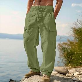 Men's Linen Pants Trousers Summer Pants Drawstring Elastic Waist Straight Leg Plain Comfort Breathable Full Length Casual Daily Holiday Vacation Fashion Black