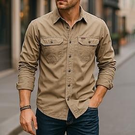 Men's Casual Shirt Work Shirt Button Up Shirt Dark Navy khaki Light Grey Army Green Long Sleeve Solid / Plain Color Lapel Vacation Holiday Button-Down Clothing