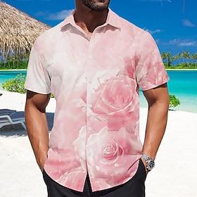 Men's Rose Floral Print Flowers Shirt Summer Hawaiian Shirt Button Up Shirt Short Sleeve Hawaiian Resort Vacation Holiday Beach Wear Summer Spring Turndown 3D