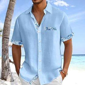 Men's Shirt Linen Shirt Summer Shirt Beach Wear Button Up Shirt Solid Color Casual Beach White Pink Navy Blue Light Blue Short Sleeve Collar Spring  Summer Sum