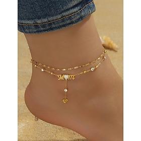 Women's Gold-Tone 'MOM' Heart Charm Anklet – Double-Layer Crystal Chain Design for Mothers, Elegant Beach Jewelry, Perfect Mother's Day Gift