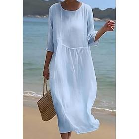 Women's Midi Dress 100% Cotton Shift Dress Cotton Linen Dresses Casual Dress Fashion Basic Classic Daily Beach Weekend Regular Fit Plain Half Sleeve Crew Neck