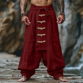 Men's Linen Pants Trousers Summer Pants Baggy Pants Buttons Drawstring Elastic Waist Plain Comfort Breathable Full Length Yoga Daily Gym Designer Retro Vintage