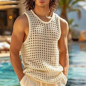 Men's Tank Top Vest Top Undershirt Sleeveless Shirt Sleeveless Crew Neck Summer Plain Fashion Designer Basic Mesh Vacation Street Going out Beige Top Tee for M