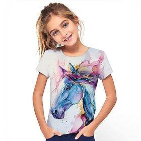 Girls' 3D Horse T shirt Tee Short Sleeve Summer Spring Fashion Basic Kids 4-12 Years Crew Neck Outdoor Casual Daily Regular Fit