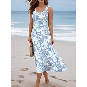 Women's Maxi Dress Sundress A Line Dress Slip Dress Pleated Dress Vacation Casual Boho Beach Going out Regular Fit Floral Graphic Sleeveless U Neck Blue Summer