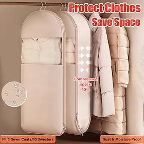 Space Saving Hanging Garment Bag with Self Compression Zipper, Dust Cover for Coats Down Jackets, Closet Clothes Organizer with Clear Window