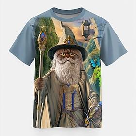 Catdalf the White VINCENT HIE Men's Cat T Shirt Short Sleeve T shirt 3D Print Crew Neck Shirt Fashion Exaggerated Daily Party Street Casual Blue Summer Spring