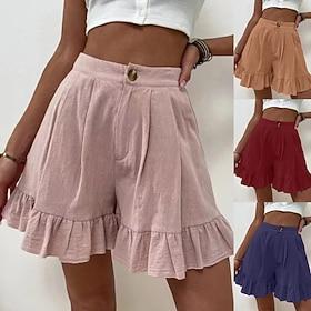 Women's Cotton Blend Shorts Slacks Summer Shorts Casual Short Natural Plain Buckle Comfy Outdoor Vacation Going out Dark Magenta Wine Light Sky Blue White Summ