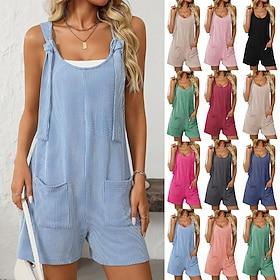 Women's Normal Dungarees Romper Streetwear Solid Color Sleeveless V Neck Pocket Street Daily Regular Fit Black Pink Wine Summer