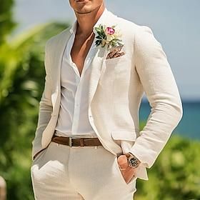 Men's Tuxedos Linen Suits Beach Wedding White Sky Blue Spring, Fall, Winter, Summer Suit Notch Lapel Fashion Lightweight Solid Colored Standard Fit 2 Piece Sin
