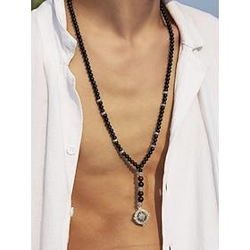 Men's Black Matte Bead Necklace with Silver Compass Pendant, Stylish Tribal-Inspired Design, Adjustable Length, Casual and Boho Style for Everyday Wear and Tra