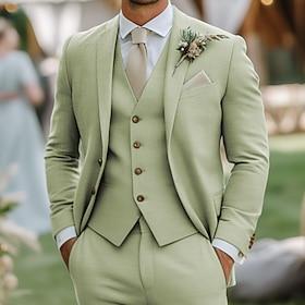 Men's Tuxedos Linen Suits Beach Wedding Wedding Sky Blue Sage Spring, Fall, Winter, Summer Suit Notch Lapel Fashion Formal Solid Colored Standard Fit 3 Piece S