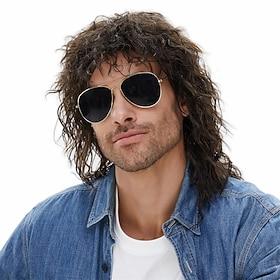 Mullet 70s 80s Wig with Bangs Dark Brown Long Disco Hair Curly Men Wigs for Mens Man Male Hippie Rocking 80s Them Party Cosplay Costume Anime Heat Resistant Sy